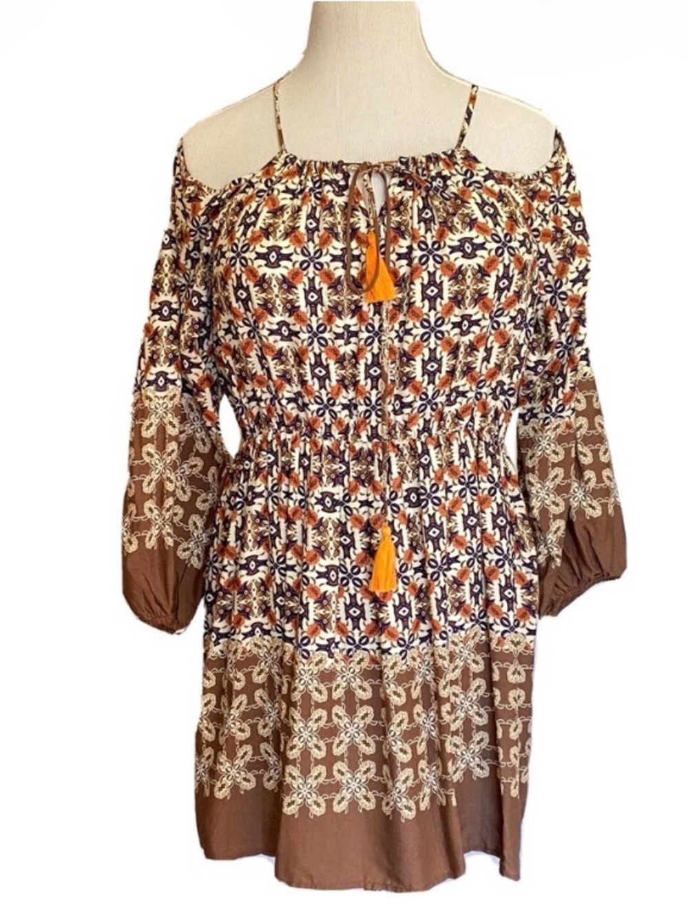 Umgee Boho Floral Print Off-Cold Shoulder dress or blouse brown cream navy XL